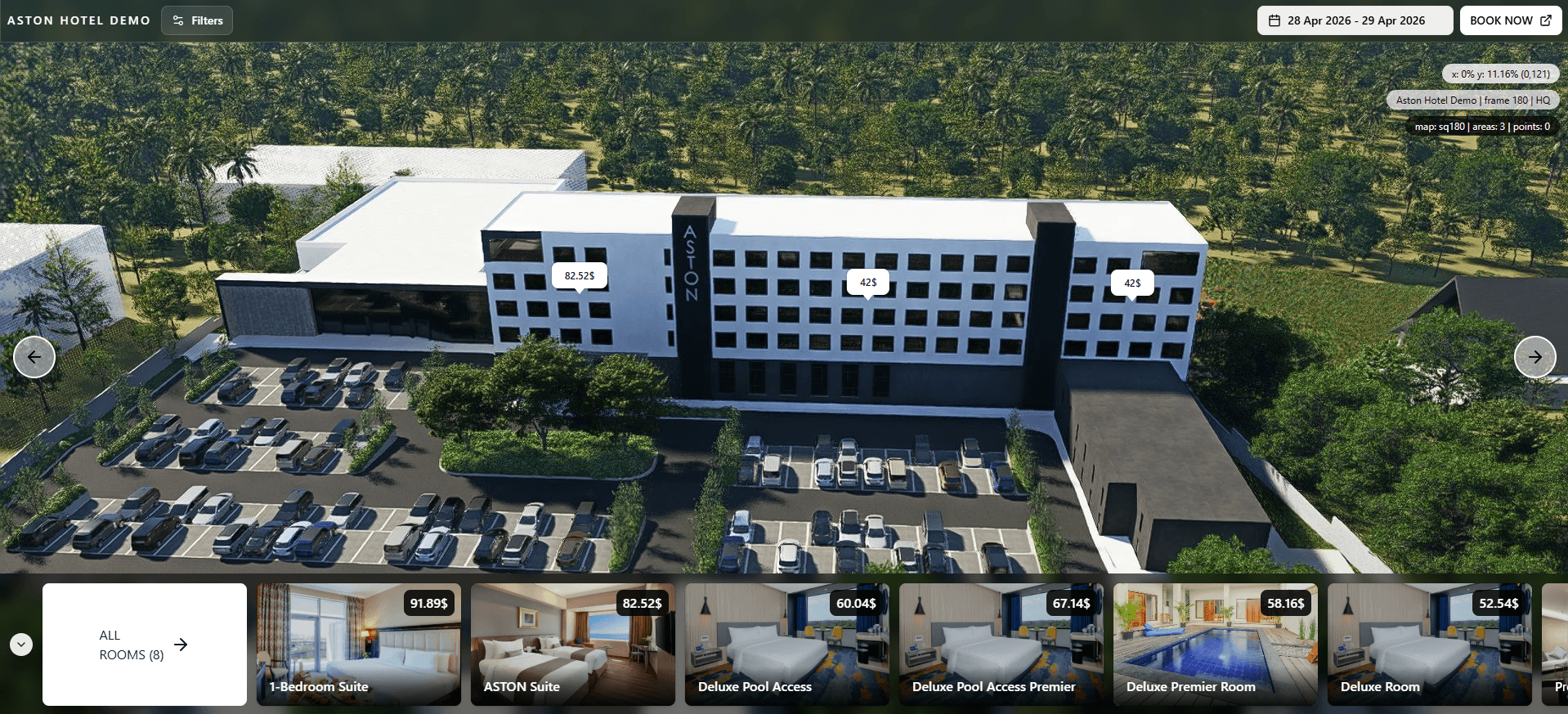 Hoteltwin hotel booking dashboard showing an interactive building viewer and room carousel