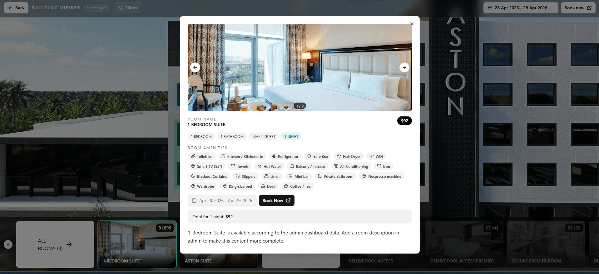 Hoteltwin booking modal showing room details, amenities, and book now action